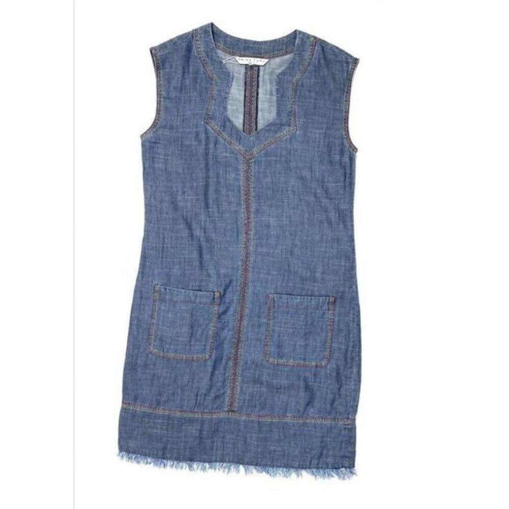 Trina Turk Shift Dress S Blue Chambray Frayed-Hem